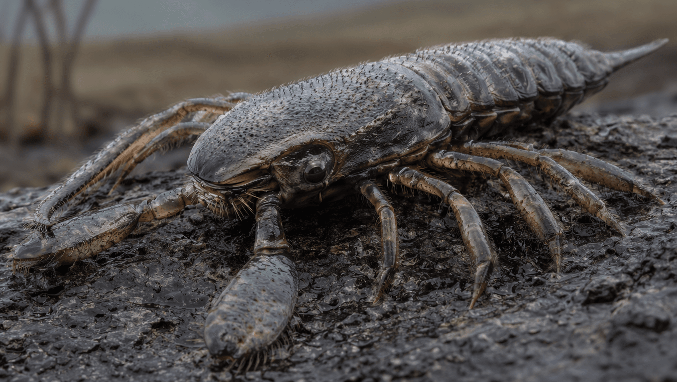 AI 生成的 Pulmonoscorpius 图片:Pulmonoscorpius 特写肖像,远古无脊椎动物. 336-326 Million Years Ago。
