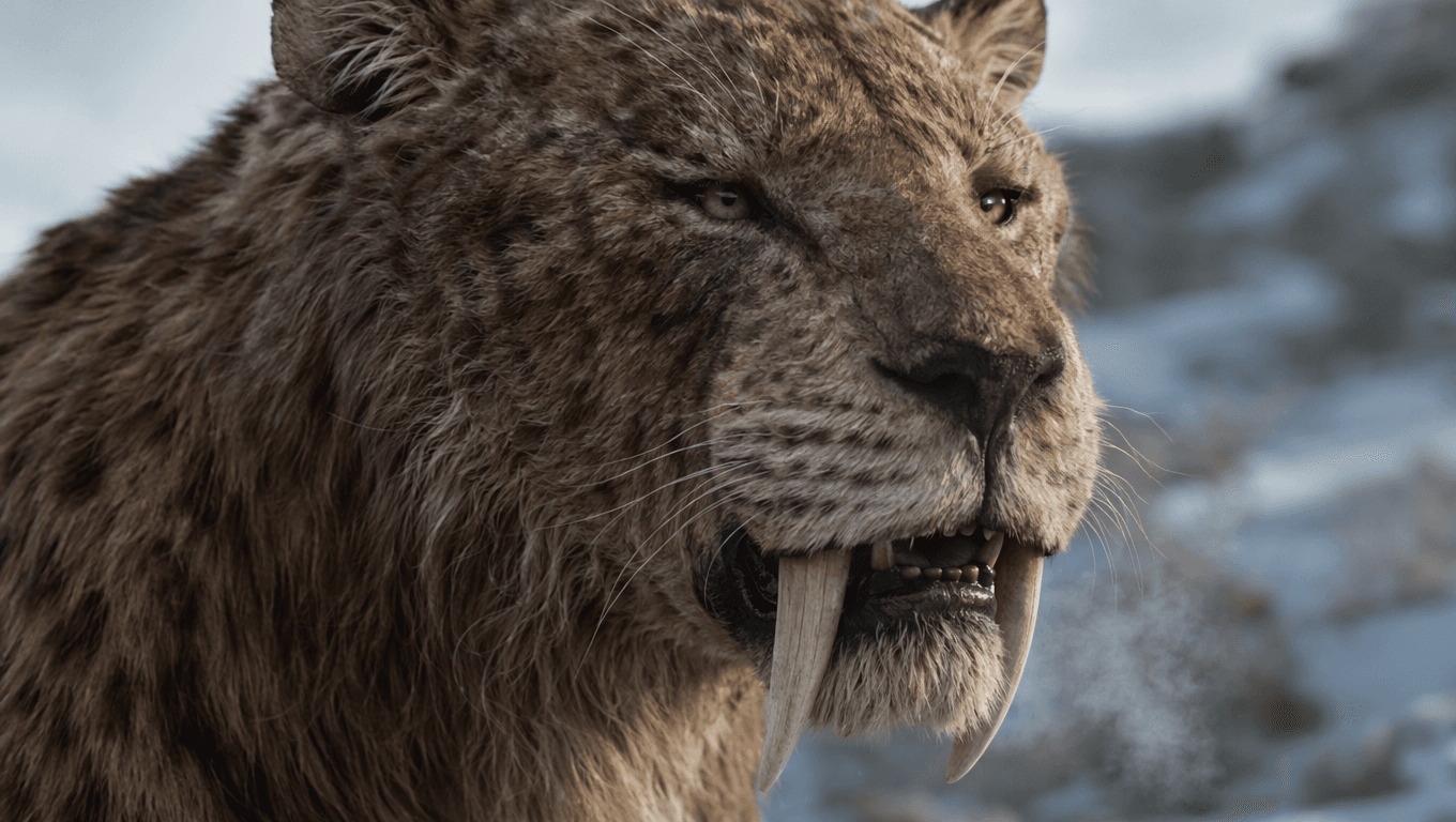 AI 生成的 Saber-Toothed Tiger 图片:Saber-Tooth 面部特写,冰河时代哺乳动物. 2.5 Million-10,000 Years Ago。