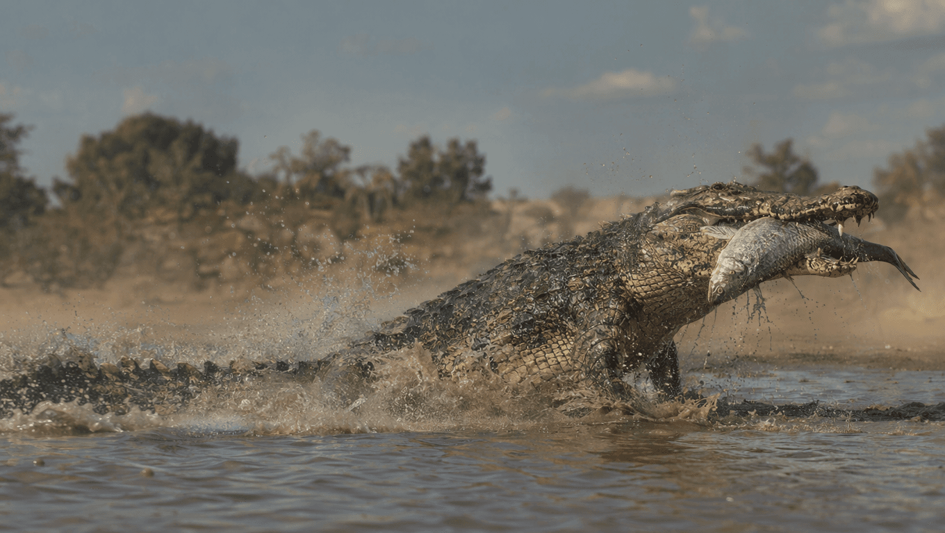 AI 生成的 Sarcosuchus 图片:Sarcosuchus 动作场景,史前爬行动物. 112 Million Years Ago。