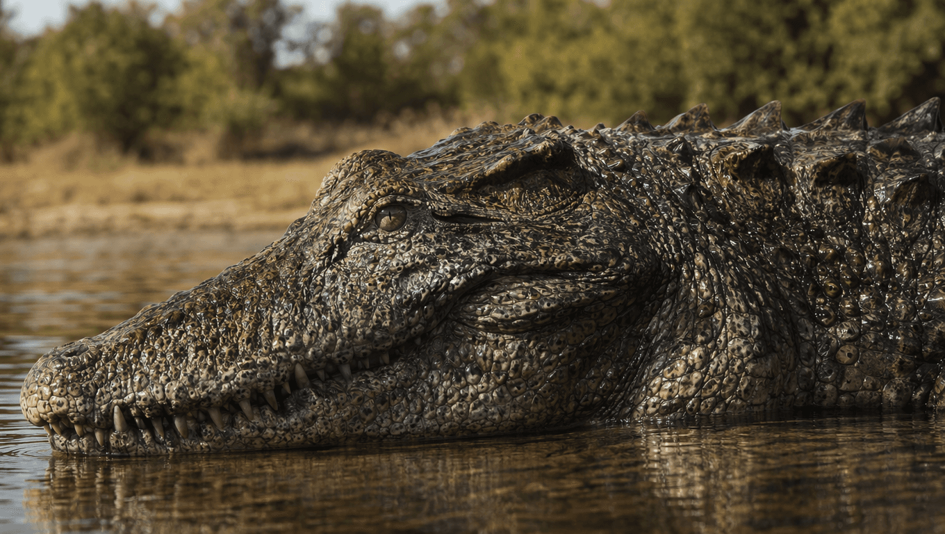 AI 生成的 Sarcosuchus 图片:Sarcosuchus 特写肖像,史前爬行动物. 112 Million Years Ago。