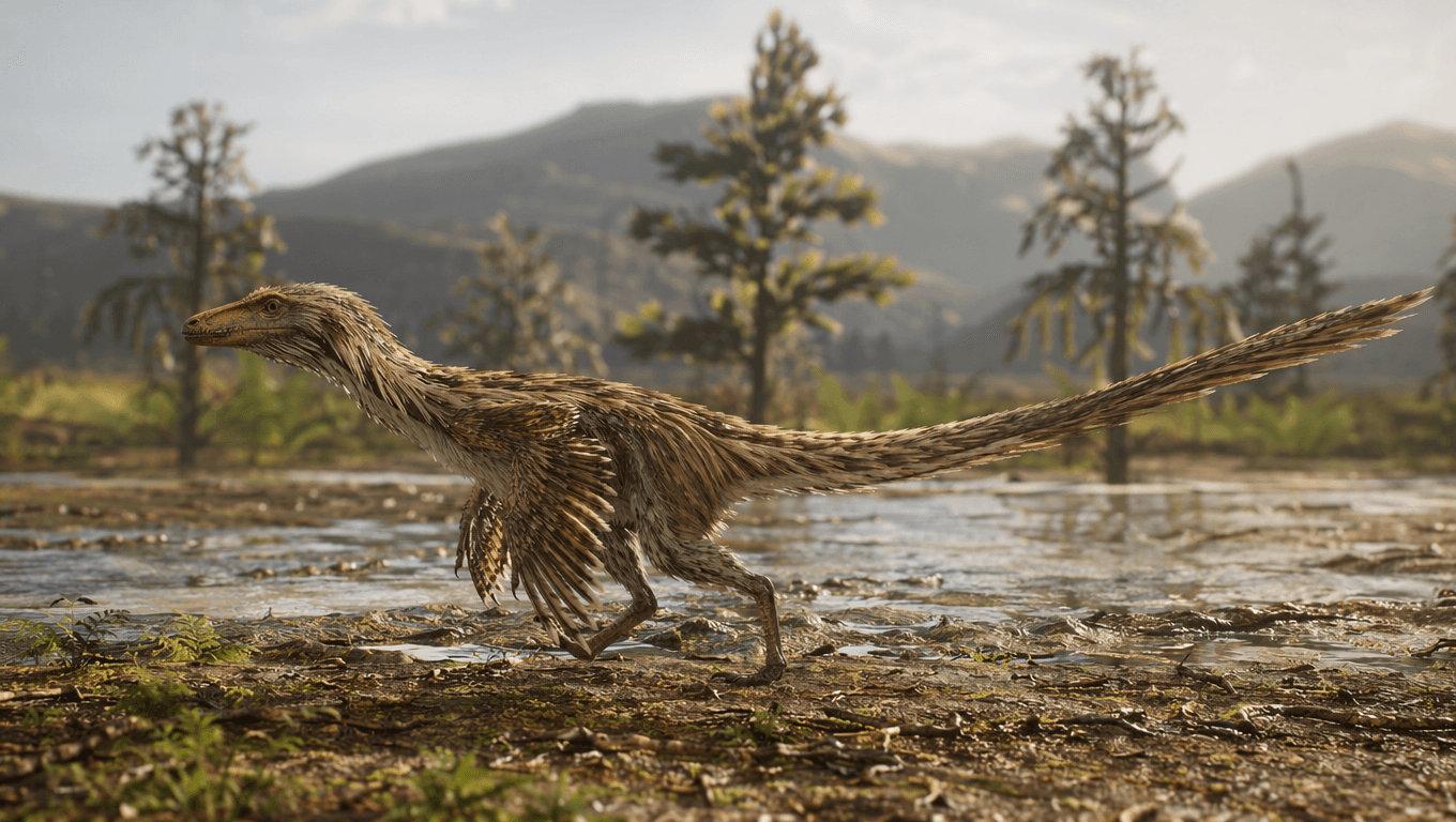 AI 生成的 Sinosauropteryx 图片:Sinosauropteryx 的自然栖息地,恐龙。