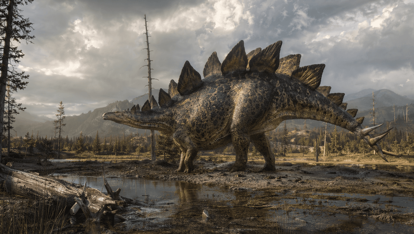AI生成のStegosaurus画像:Stegosaurus reconstruction、Dinosaurs. 155-150 Million Years Ago。