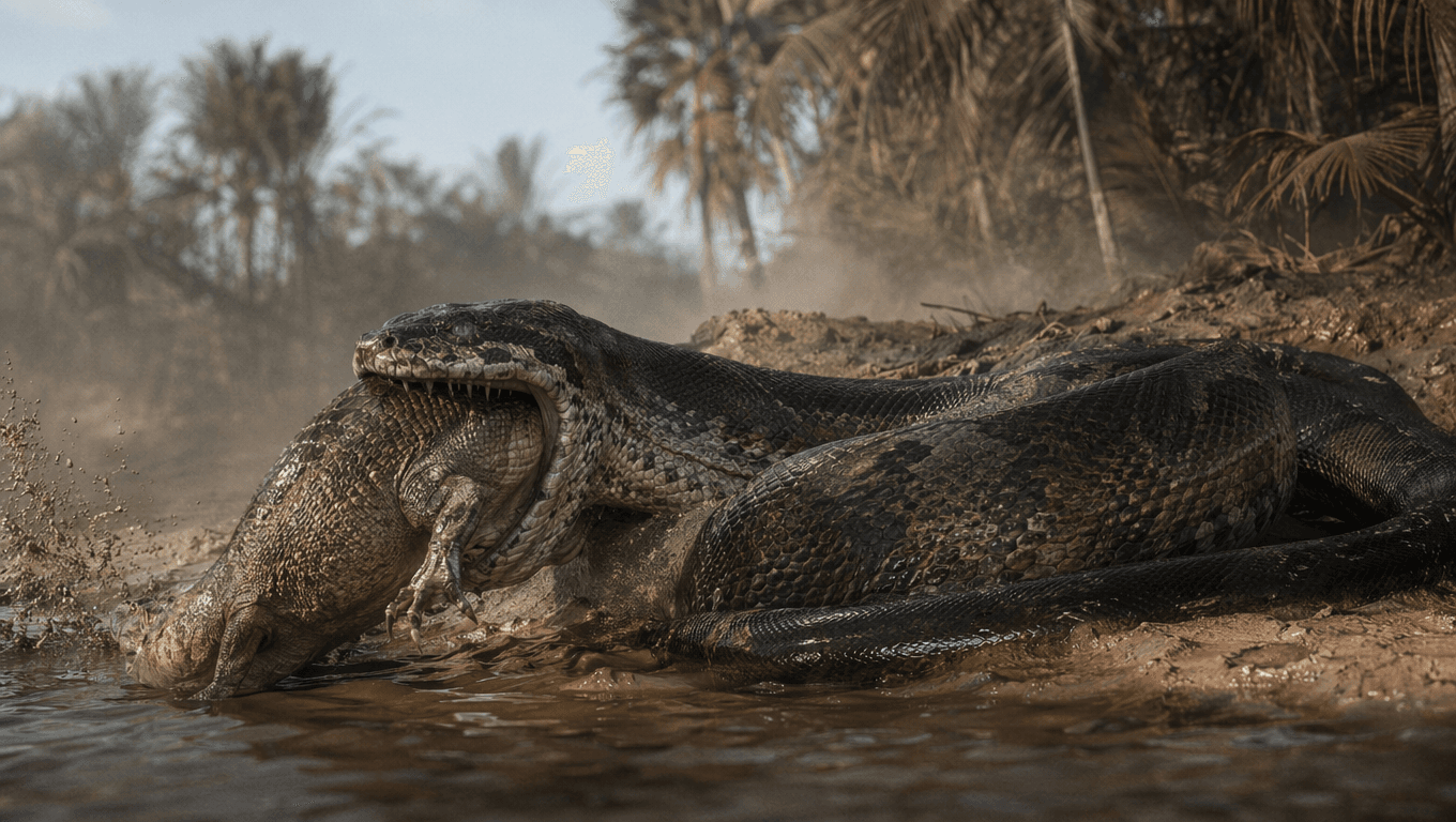 AI 生成的 Titanoboa 图片:Titanoboa Action Scene,史前爬行动物. 60-58 Million Years Ago。