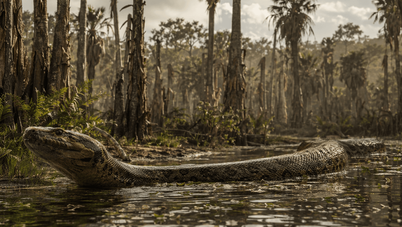 AI 生成的 Titanoboa 图片:Titanoboa reconstruction,Prehistoric Reptiles. 60-58 Million Years Ago。