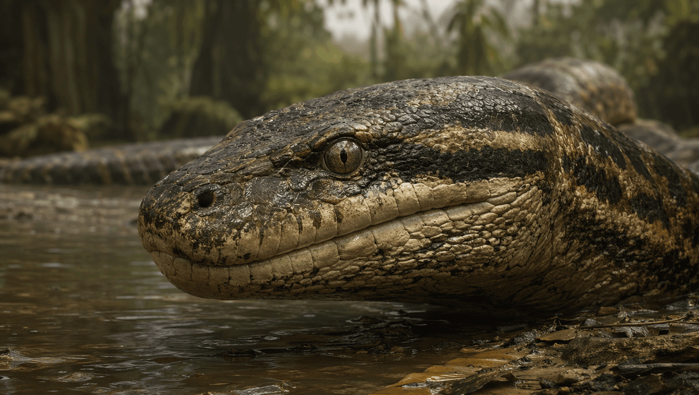 AI 生成的 Titanoboa 图片:Titanoboa 特写肖像,史前爬行动物. 60-58 Million Years Ago。