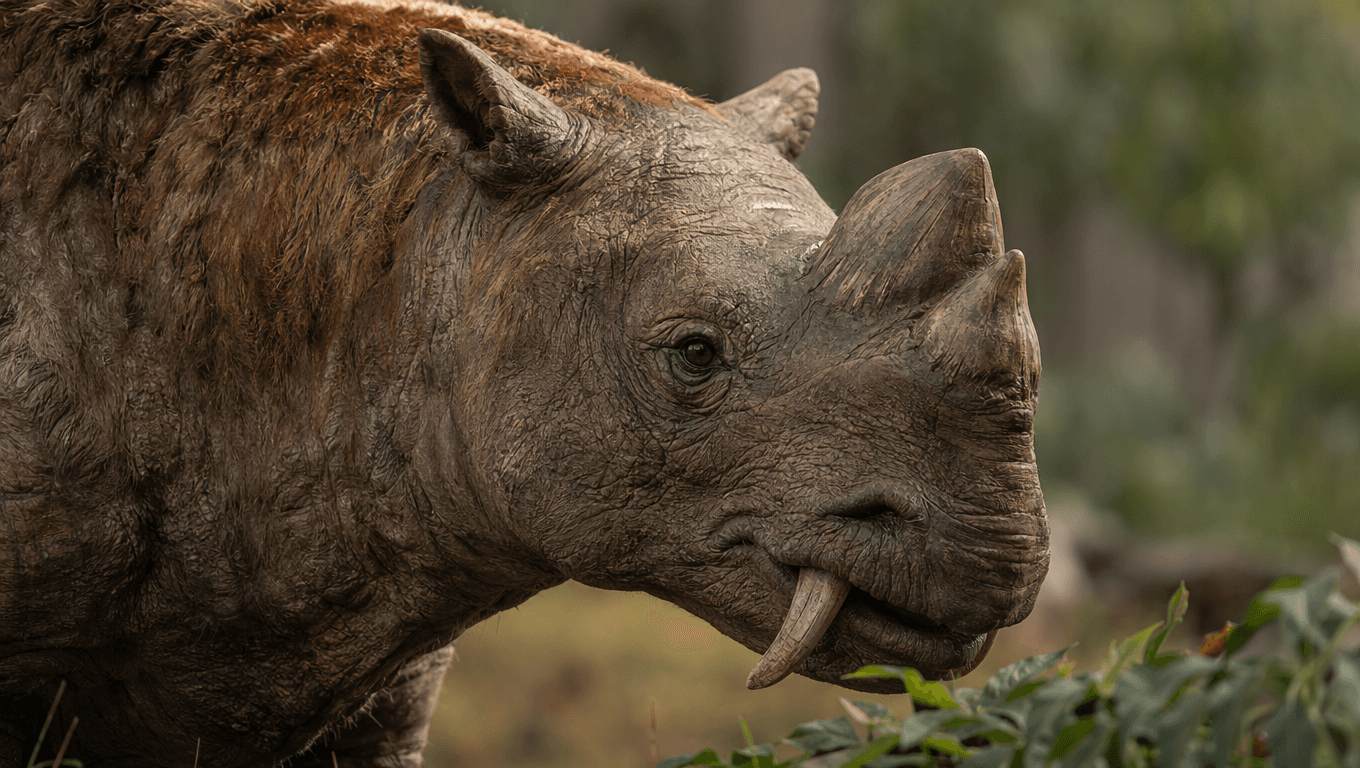 AI 生成的 Uintatherium 图片:Uintatherium 特写肖像,远古哺乳动物. 46-38 Million Years Ago。