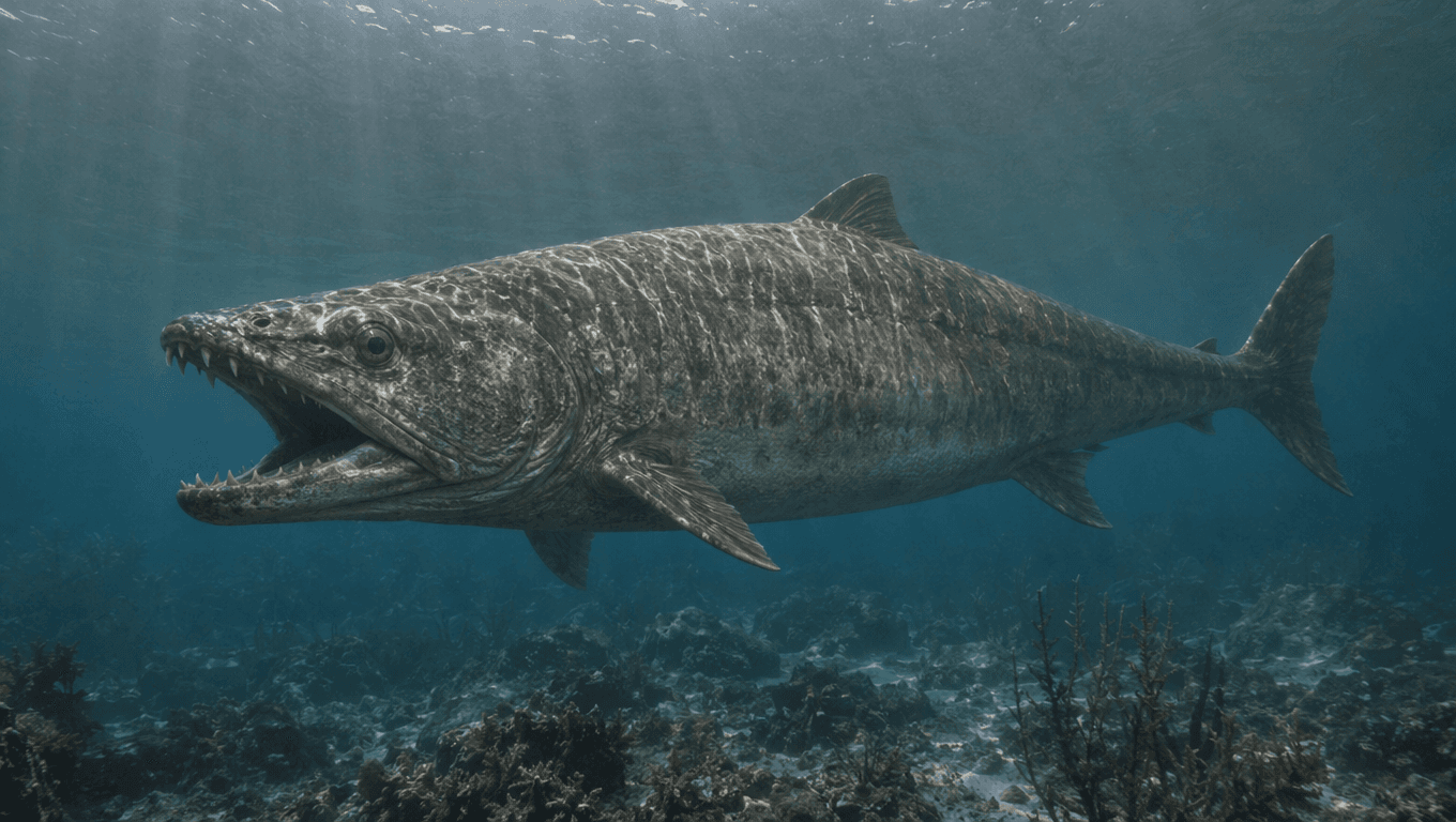 AI 生成的 Xiphactinus 图片:Xiphactinus in Prehistoric Habitat,112-66 Million Years Ago。