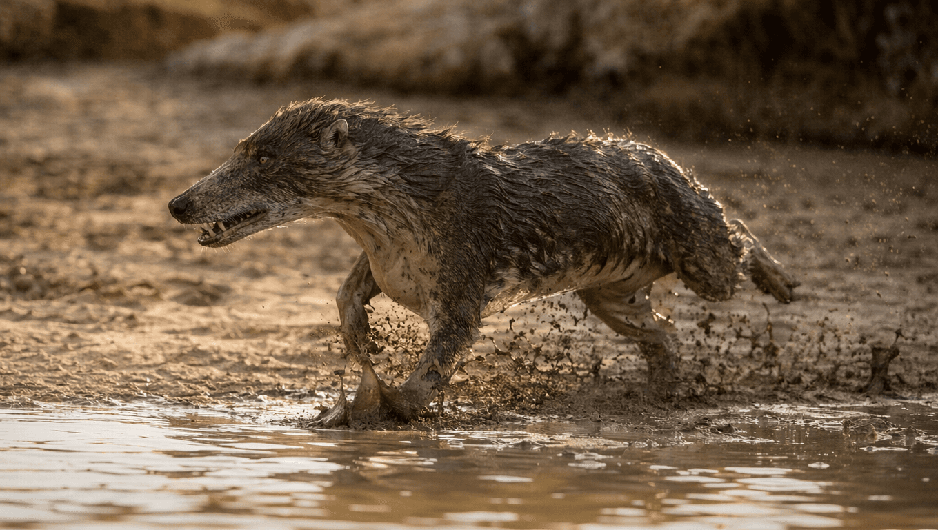 AI-generated Ambulocetus image: Ambulocetus Action Scene. Ancient Mammals. 49-48 Million Years Ago.