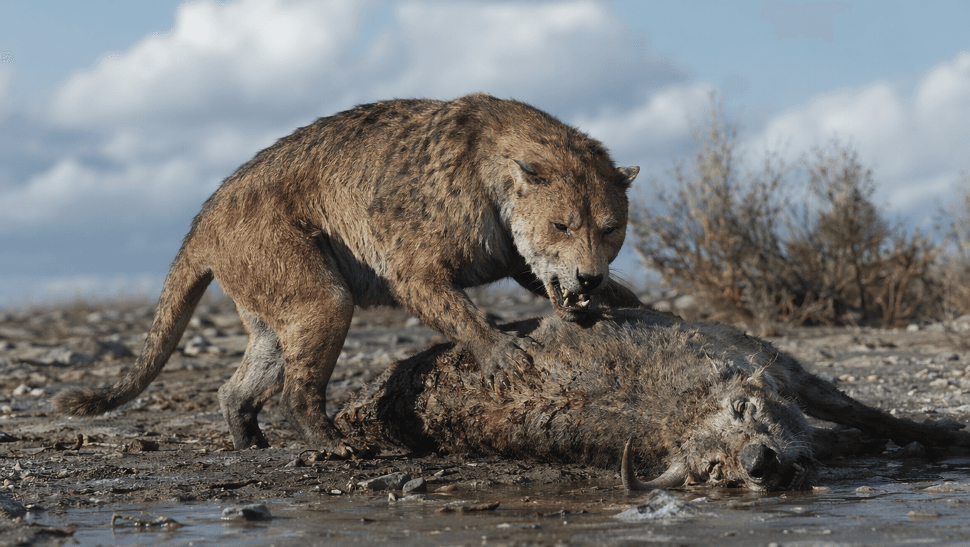 AI-generated Amphicyon image: Amphicyon Action Scene. Ancient Mammals. 16.9-2.5 Million Years Ago.