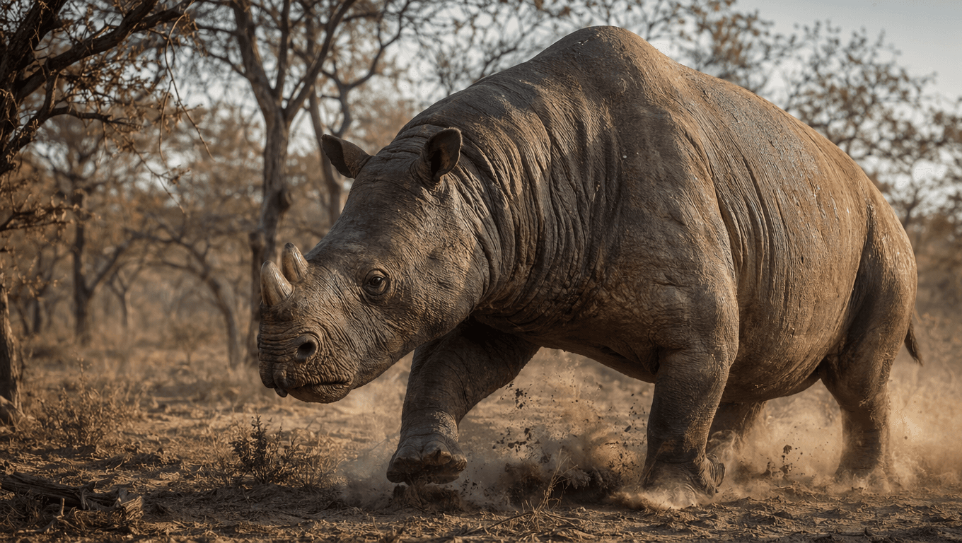 AI-generated Arsinoitherium image: Arsinoitherium Action Scene. Ancient Mammals. 35-27 Million Years Ago.
