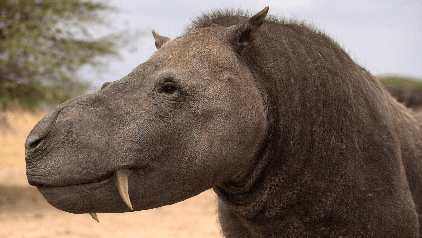AI-generated Arsinoitherium image: Arsinoitherium Close-up Portrait. Ancient Mammals. 35-27 Million Years Ago.