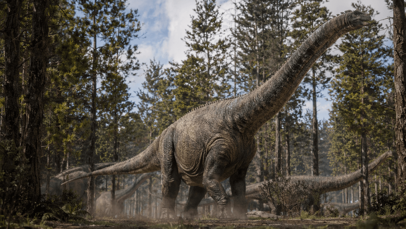 AI-generated Brachiosaurus image: Brachiosaurus in Action. Dinosaurs. 154-153 Million Years Ago.