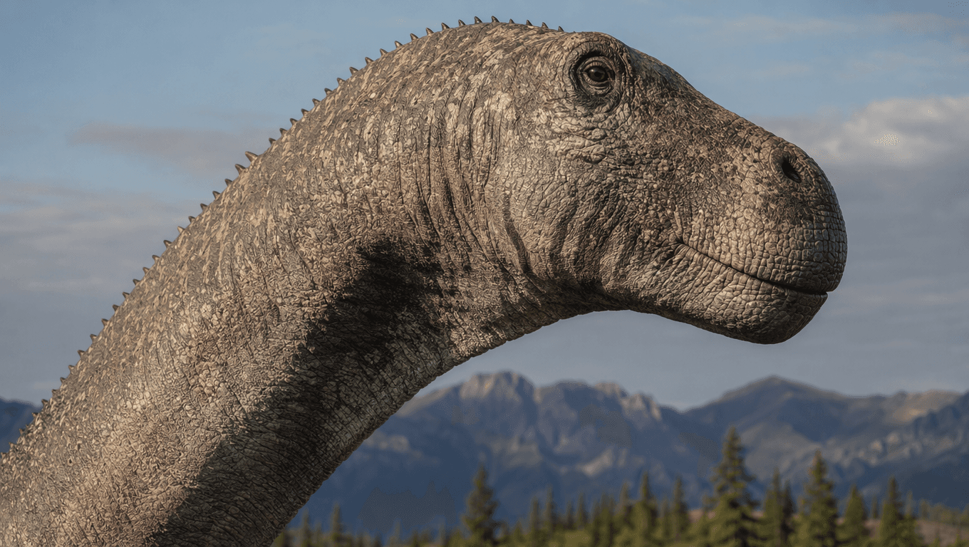 AI-generated Brachiosaurus image: Brachiosaurus Close-Up Portrait. Dinosaurs. 154-153 Million Years Ago.