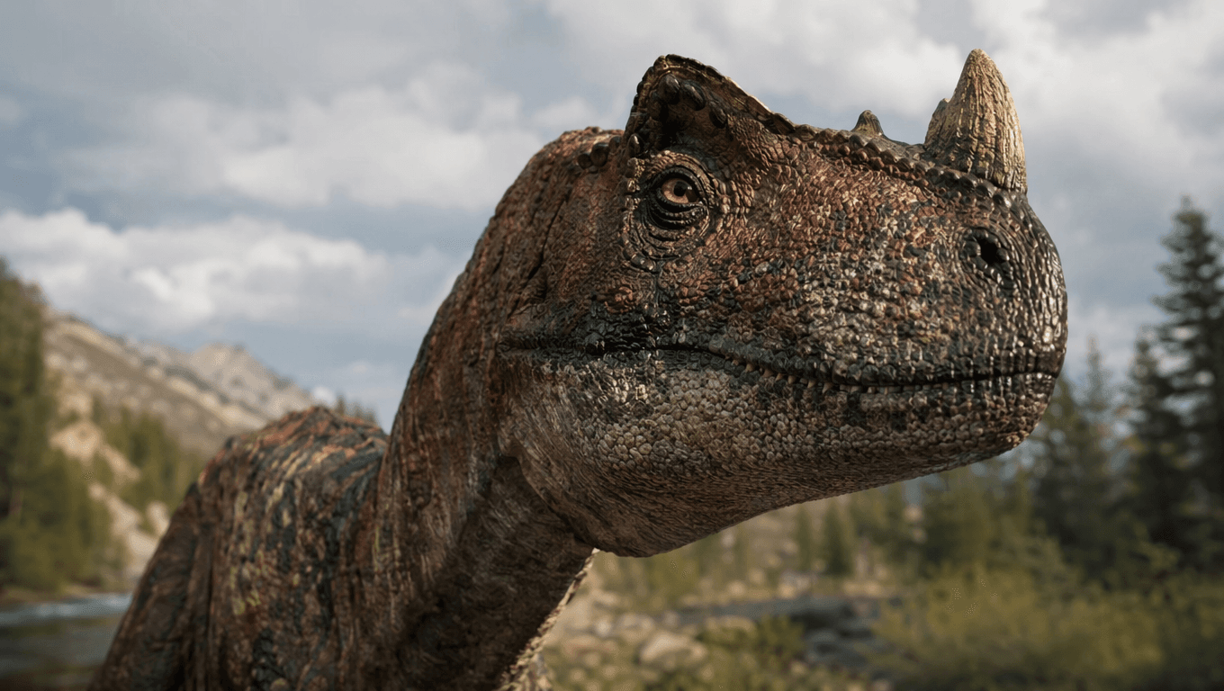 AI-generated Ceratosaurus image: Ceratosaurus Close-up Portrait. Dinosaurs. 153-148 Million Years Ago.
