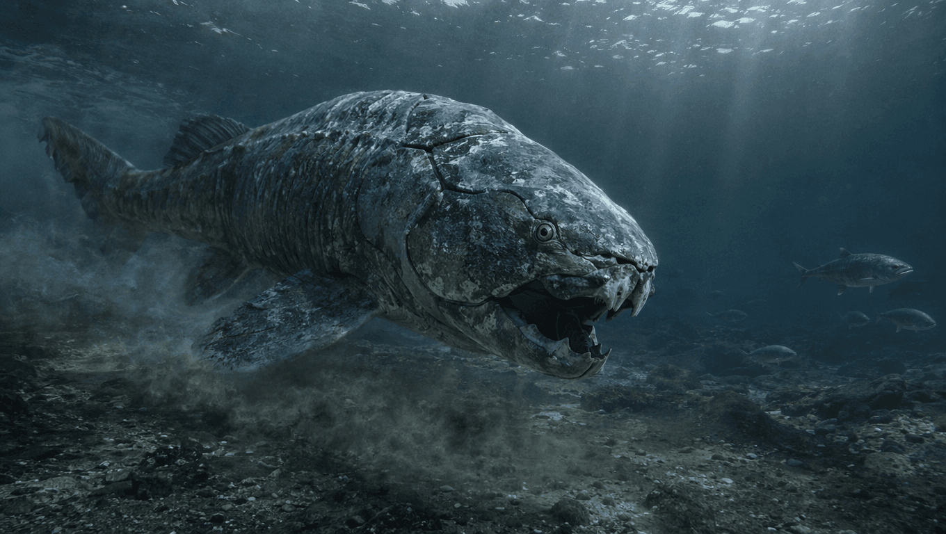 AI-generated Dunkleosteus image: Dunkleosteus in Action. Marine Reptiles. 382-358 Million Years Ago.