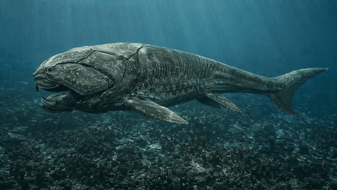 AI-generated Dunkleosteus image: Dunkleosteus reconstruction. Marine Reptiles. 382-358 Million Years Ago.
