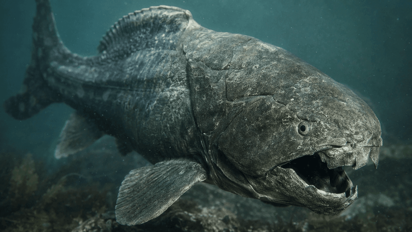 AI-generated Dunkleosteus image: Dunkleosteus Close-Up Portrait. Marine Reptiles. 382-358 Million Years Ago.