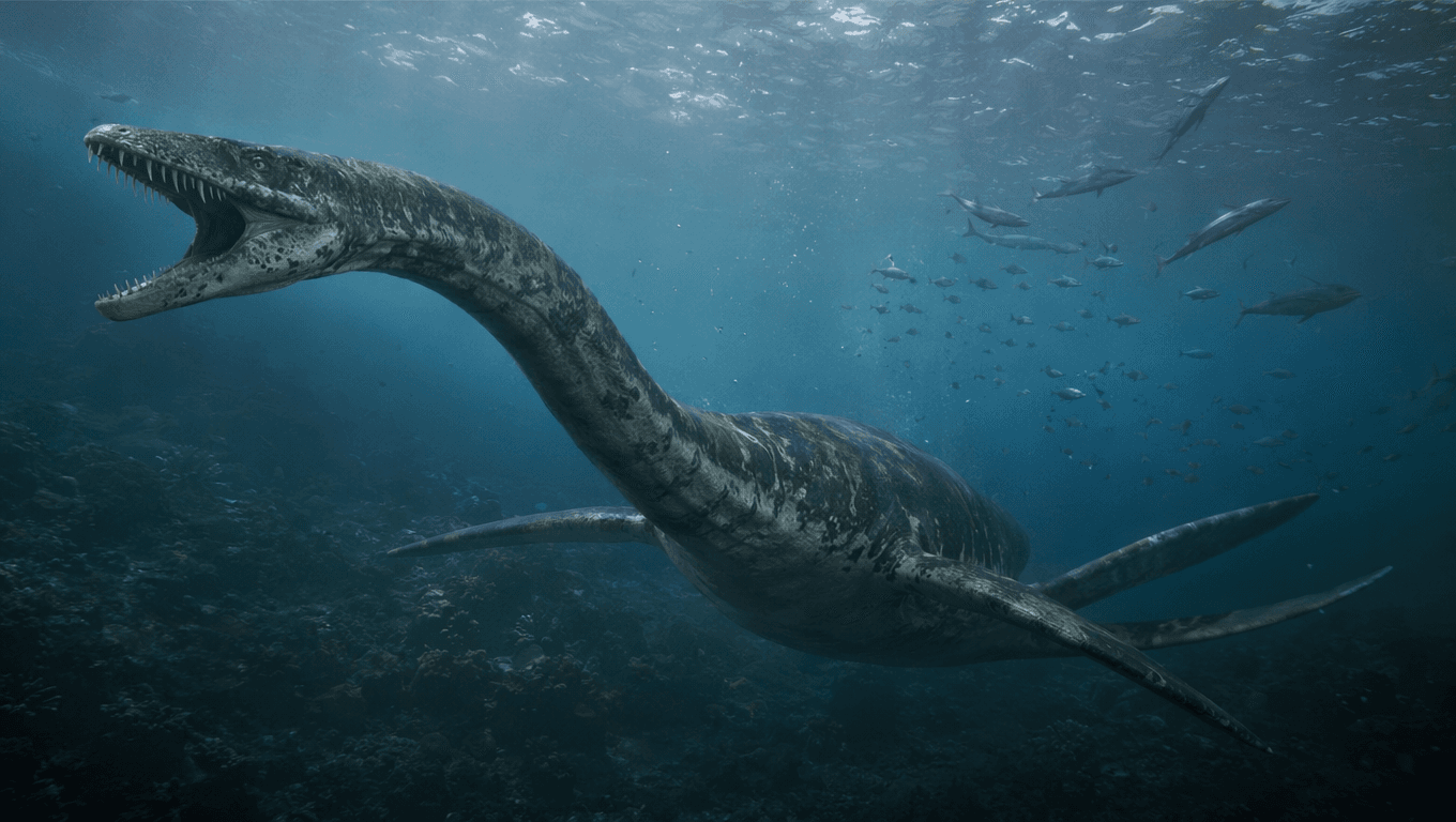 AI-generated Elasmosaurus image: Elasmosaurus in Action. Marine Reptiles. 80 Million Years Ago.
