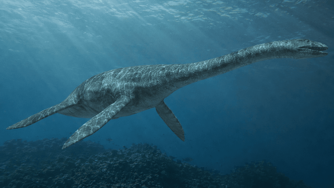 AI-generated Elasmosaurus image: Elasmosaurus reconstruction. Marine Reptiles. 80 Million Years Ago.
