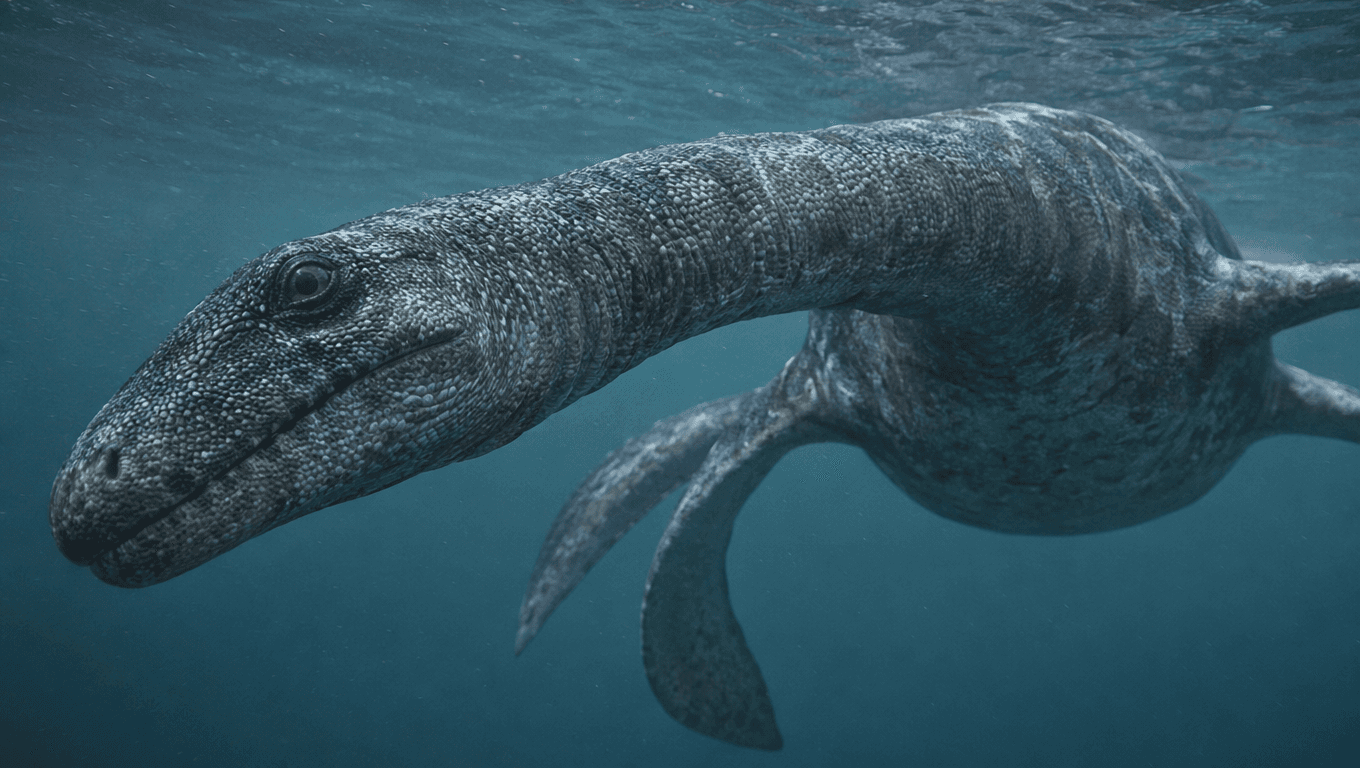 AI-generated Elasmosaurus image: Elasmosaurus Close-Up Portrait. Marine Reptiles. 80 Million Years Ago.