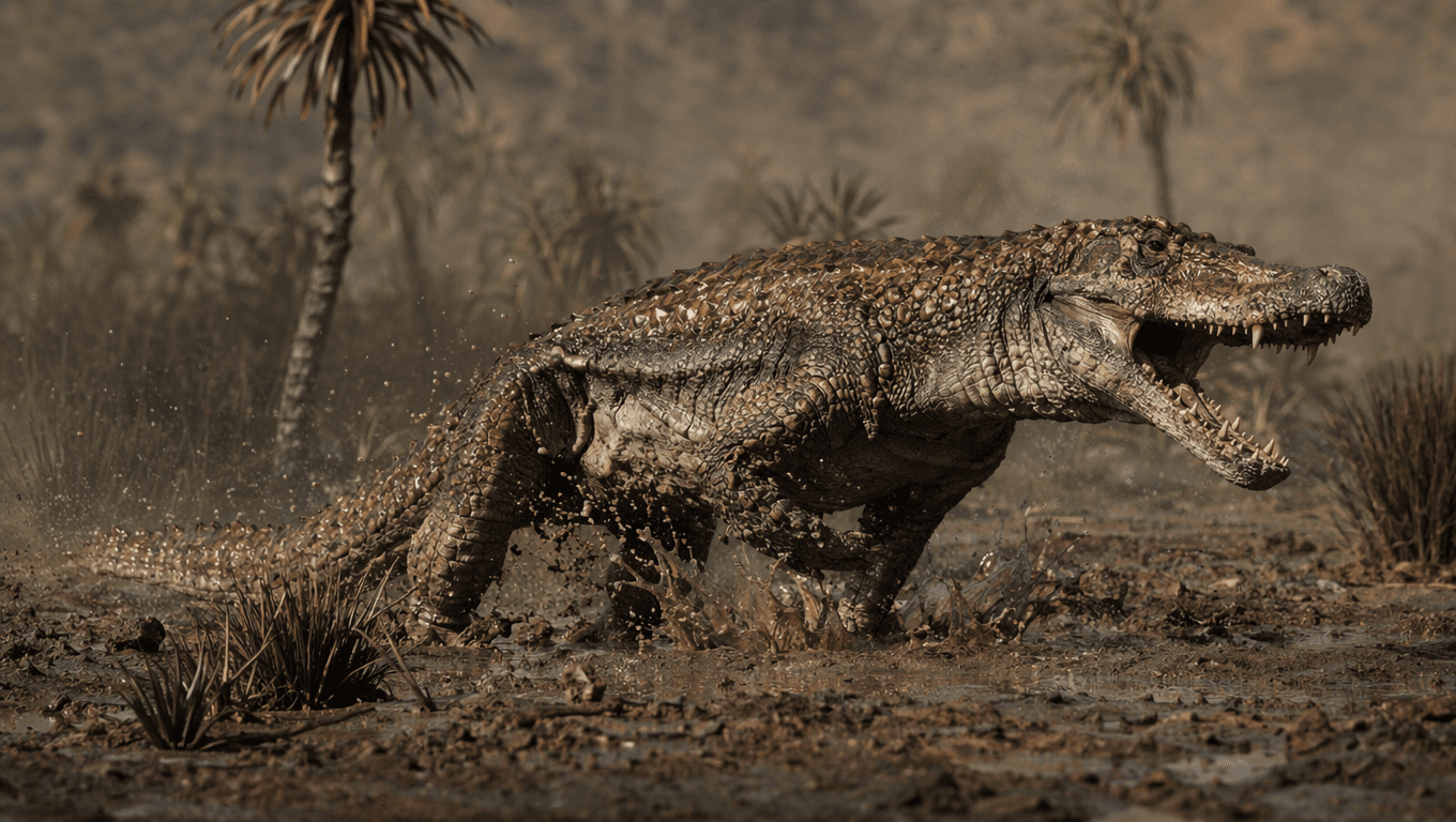 AI-generated Erythrosuchus image: Erythrosuchus Action Scene. Prehistoric Reptiles. 247-242 Million Years Ago.