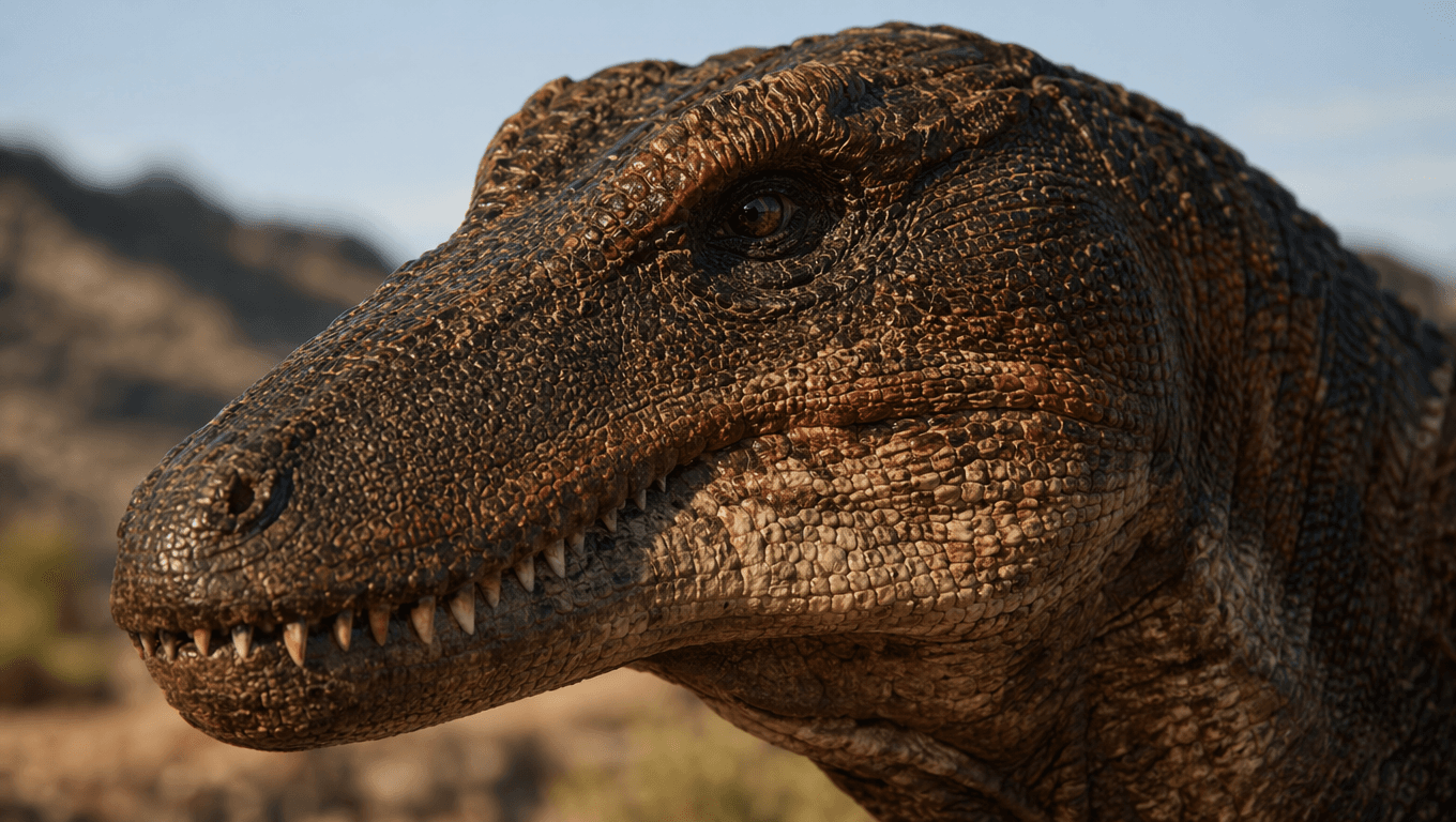 AI-generated Erythrosuchus image: Erythrosuchus Close-up Portrait. Prehistoric Reptiles. 247-242 Million Years Ago.