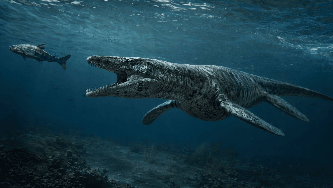 AI-generated Eurhinosaurus image: Eurhinosaurus Action Scene. Marine Reptiles. 199-189 Million Years Ago.