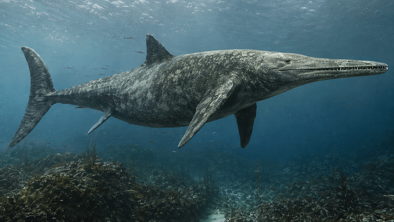 AI-generated Eurhinosaurus image: Eurhinosaurus reconstruction. Marine Reptiles. 199-189 Million Years Ago.