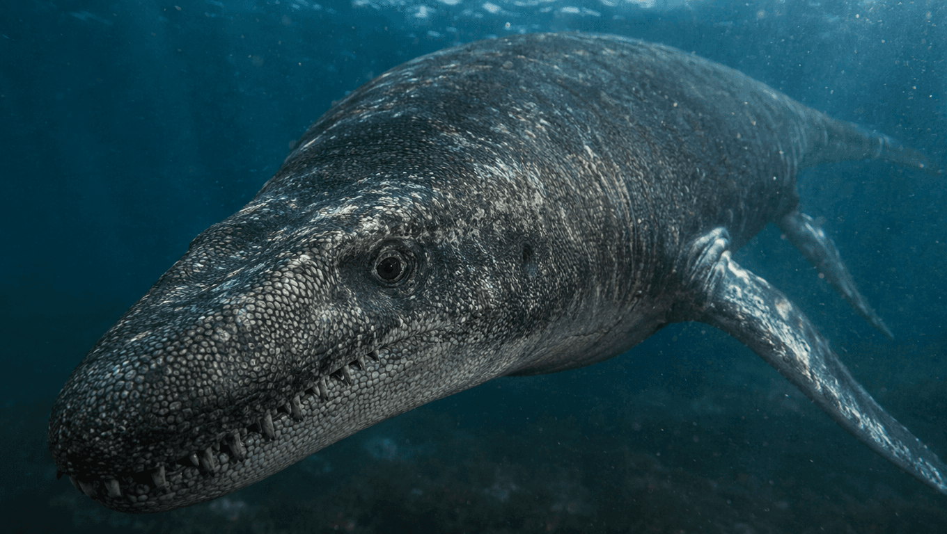 AI-generated Eurhinosaurus image: Eurhinosaurus Close-up Portrait. Marine Reptiles. 199-189 Million Years Ago.