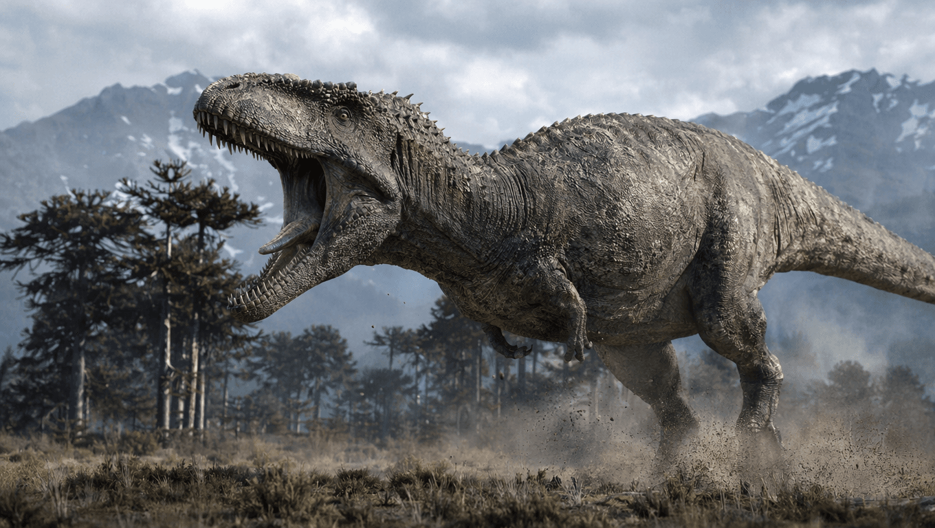 AI-generated Giganotosaurus image: Giganotosaurus in Action. Dinosaurs. 99-95 Million Years Ago.
