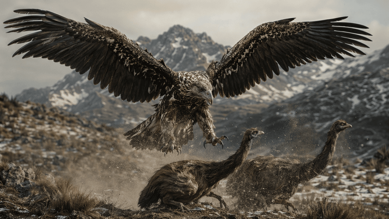 AI-generated Haast's Eagle image: Haast's Eagle Action Scene. Prehistoric Birds. Until 1400 AD.