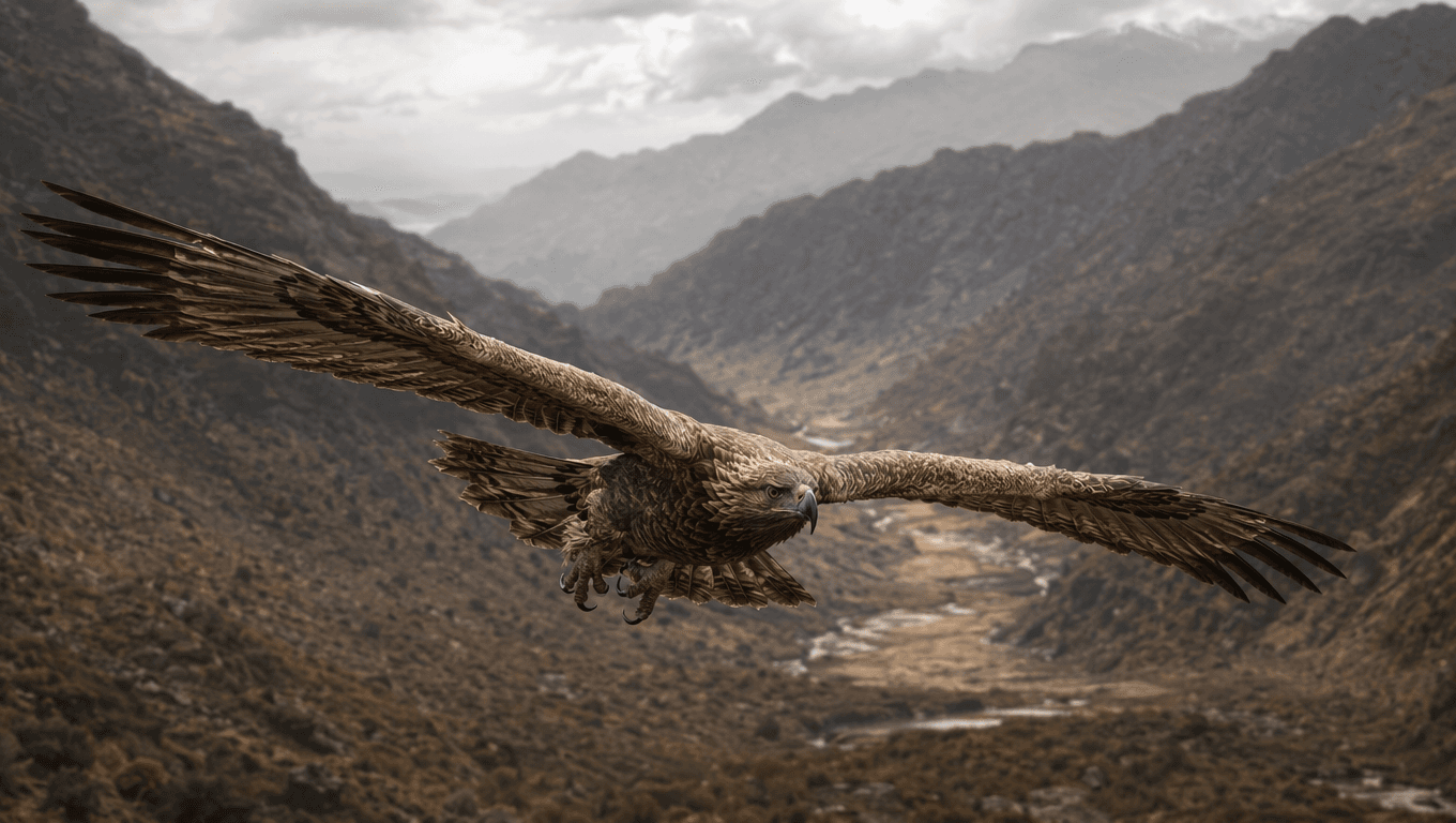AI-generated Haast's Eagle image: Haast's Eagle in Prehistoric Habitat. Until 1400 AD.