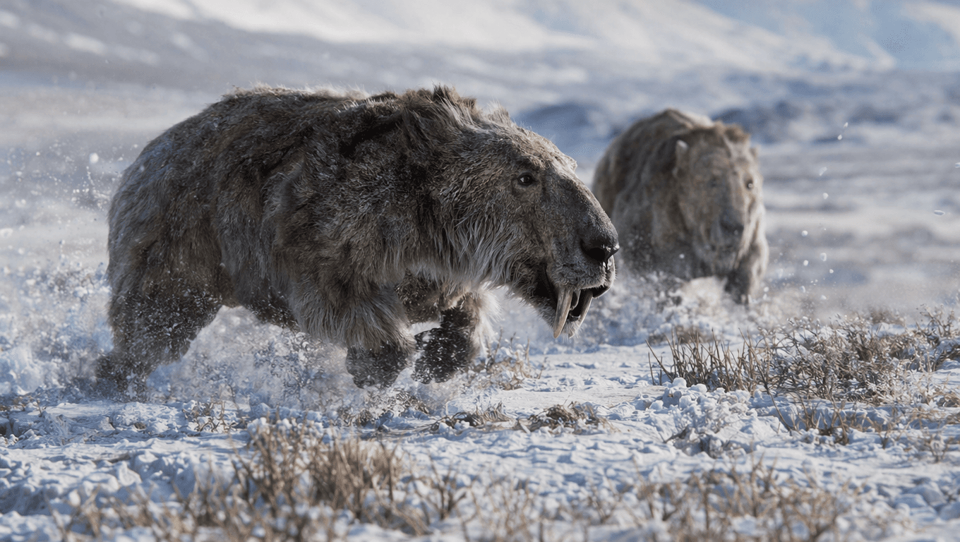 AI-generated Hemiauchenia image: Hemiauchenia Action Scene. Ice Age Mammals. 10 Million - 11,000 Years Ago.