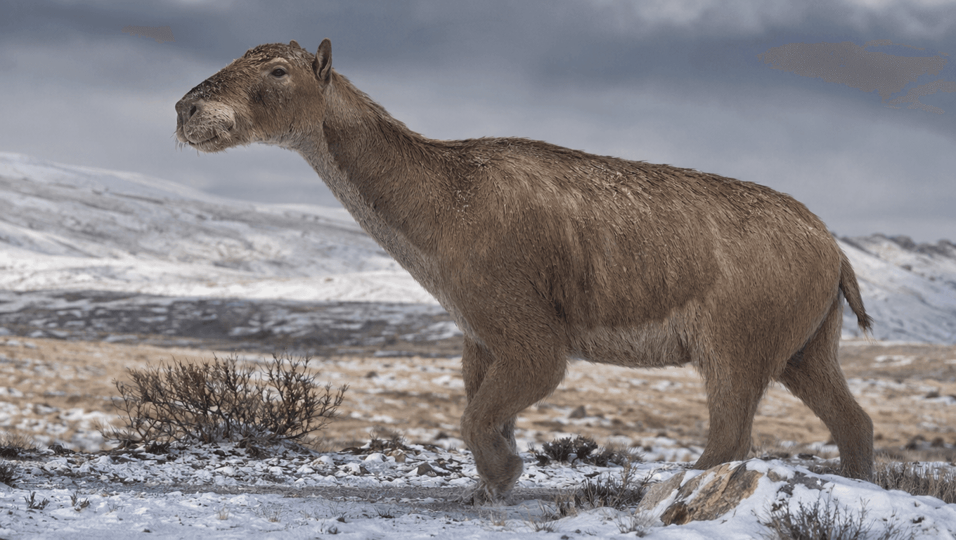 AI-generated Hemiauchenia image: Hemiauchenia reconstruction. Ice Age Mammals. 10 Million - 11,000 Years Ago.