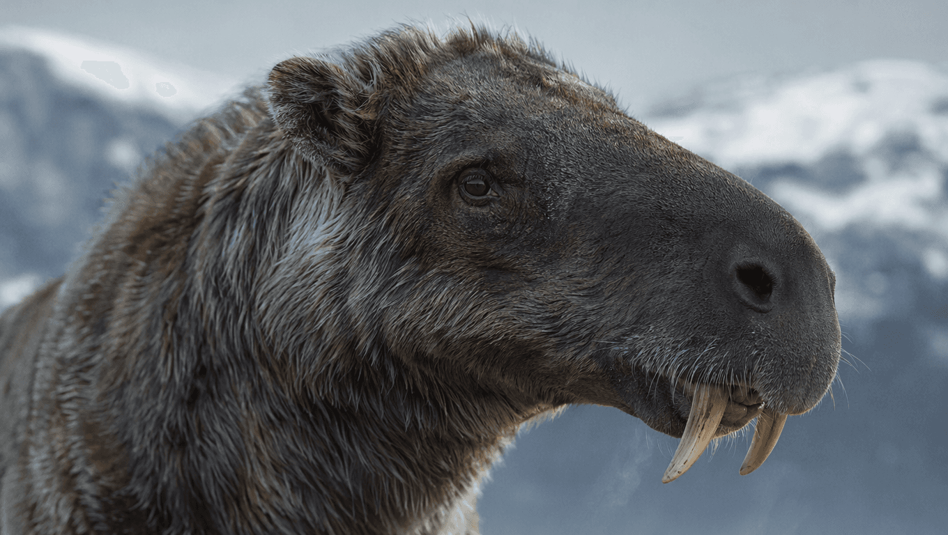 AI-generated Hemiauchenia image: Hemiauchenia Close-up Portrait. Ice Age Mammals. 10 Million - 11,000 Years Ago.