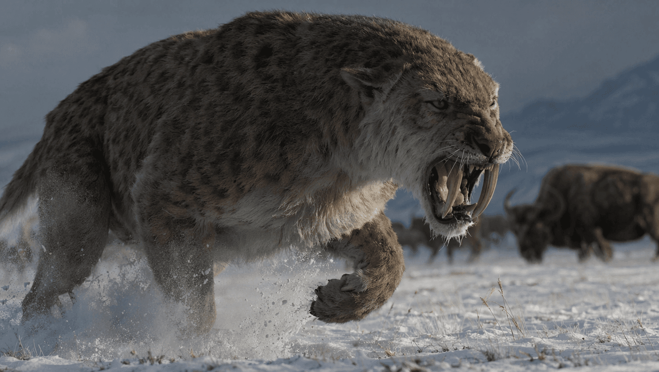 AI-generated Homotherium image: Homotherium Action Scene. Ice Age Mammals. 5 Million - 10,000 Years Ago.