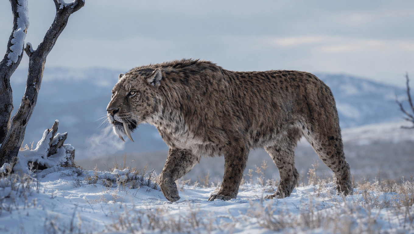 AI-generated Homotherium image: Homotherium reconstruction. Ice Age Mammals. 5 Million - 10,000 Years Ago.