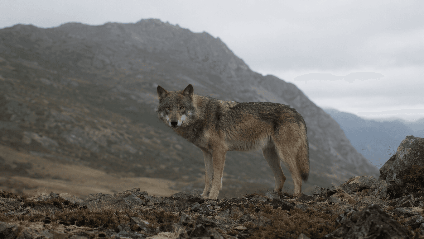 AI-generated Japanese Wolf image: Japanese Wolf reconstruction. Recent Extinctions. Extinct 1905.