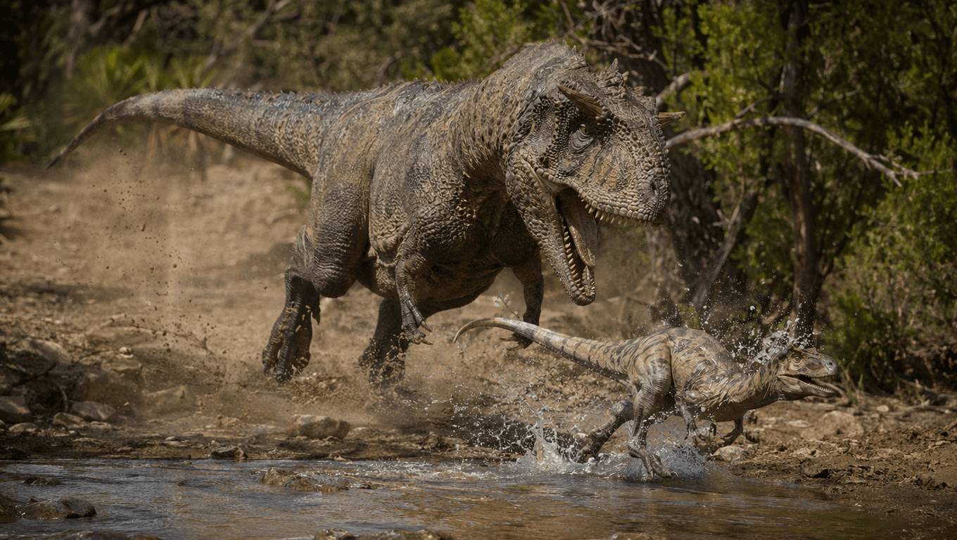 AI-generated Majungasaurus image: Majungasaurus Action Scene. Dinosaurs. 70-66 Million Years Ago.