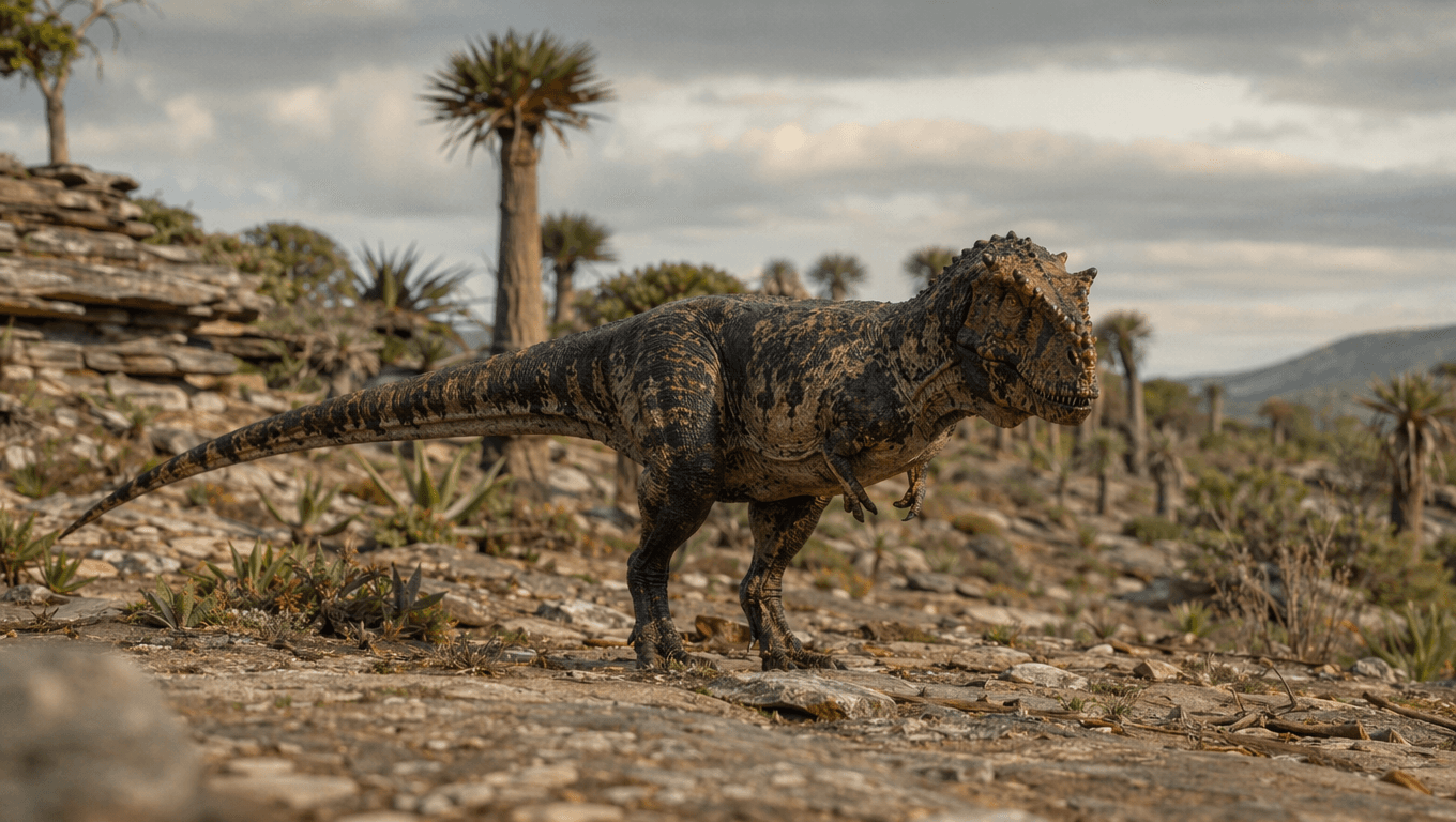 AI-generated Majungasaurus image: Majungasaurus in Prehistoric Habitat. 70-66 Million Years Ago.