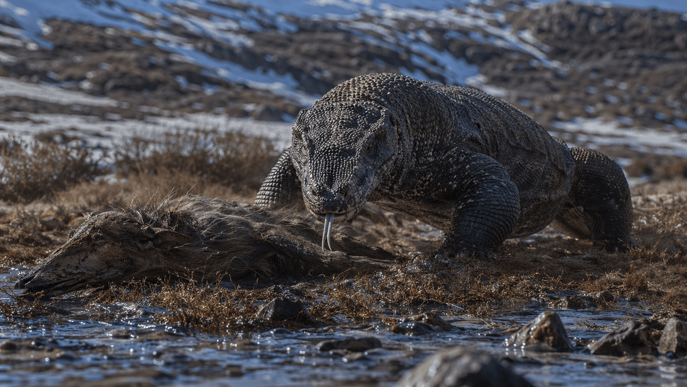 AI-generated Megalania image: Megalania Action Scene. Prehistoric Reptiles. 1.6 Million-40,000 Years Ago.
