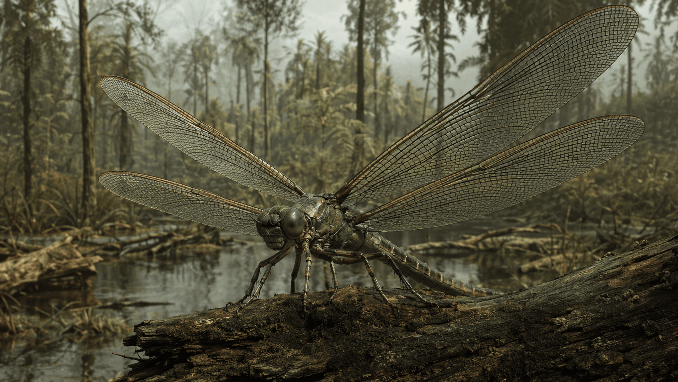 AI-generated Meganeura image: Meganeura in Natural Habitat. 300 Million Years Ago.