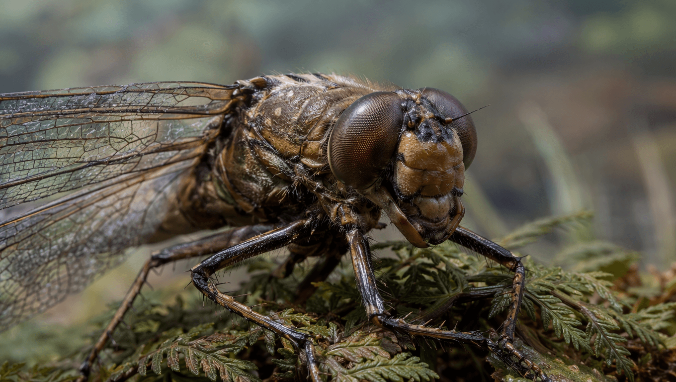 AI-generated Meganeura image: Meganeura Close-Up Portrait. Prehistoric Invertebrates. 300 Million Years Ago.