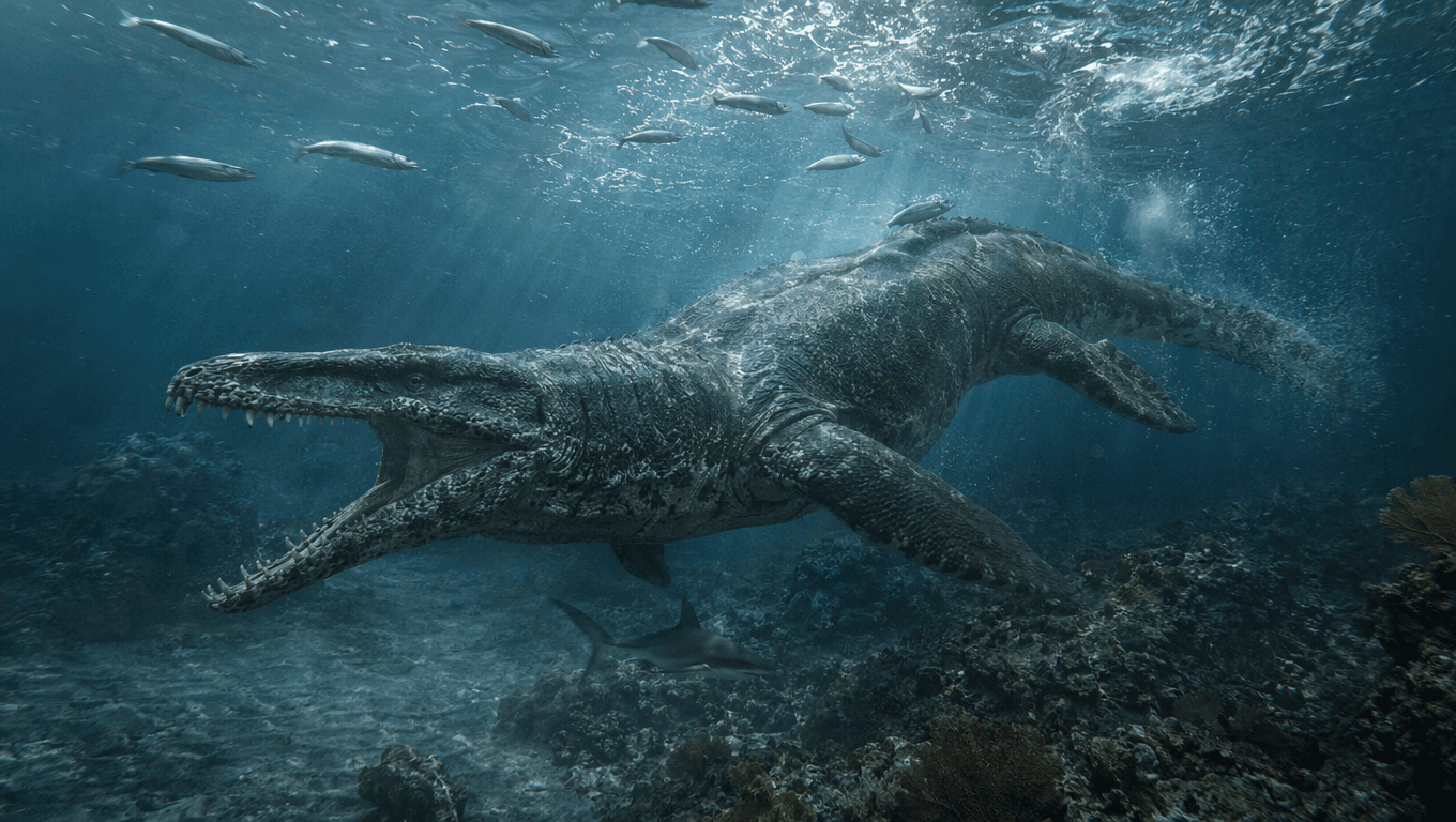 AI-generated Mosasaurus image: Mosasaurus in Action. Marine Reptiles. 82-66 Million Years Ago.