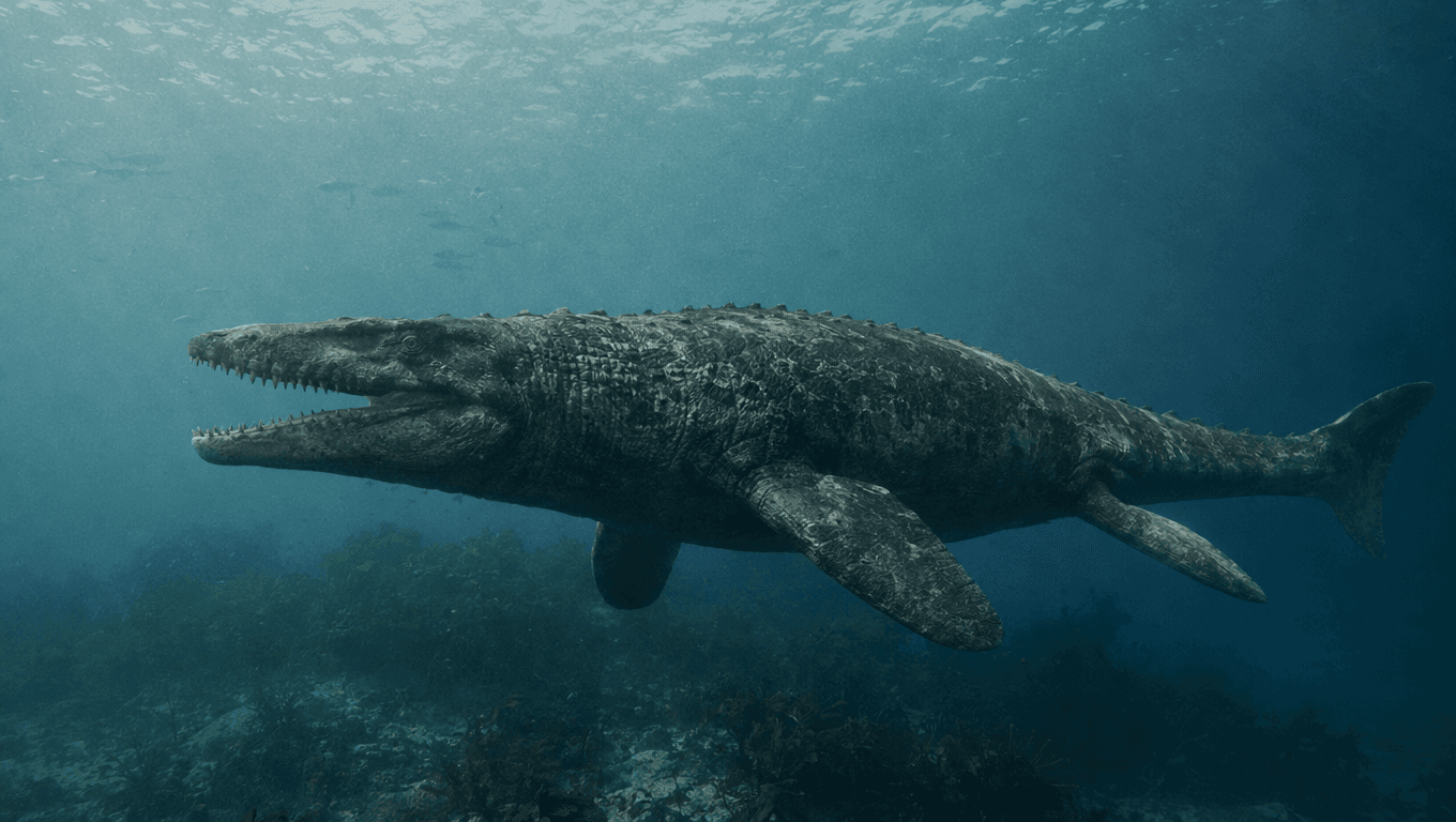 AI-generated Mosasaurus image: Mosasaurus reconstruction. Marine Reptiles. 82-66 Million Years Ago.