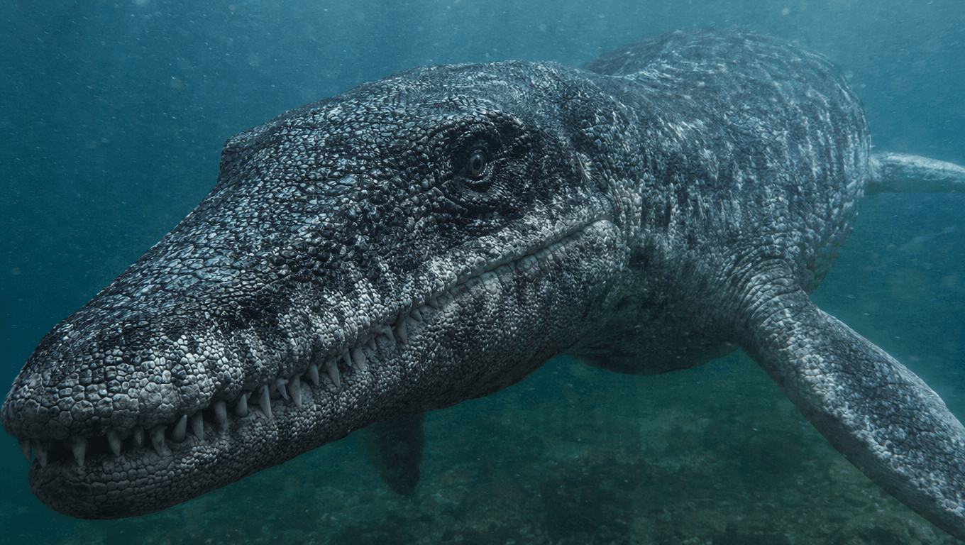 AI-generated Mosasaurus image: Mosasaurus Close-Up Portrait. Marine Reptiles. 82-66 Million Years Ago.