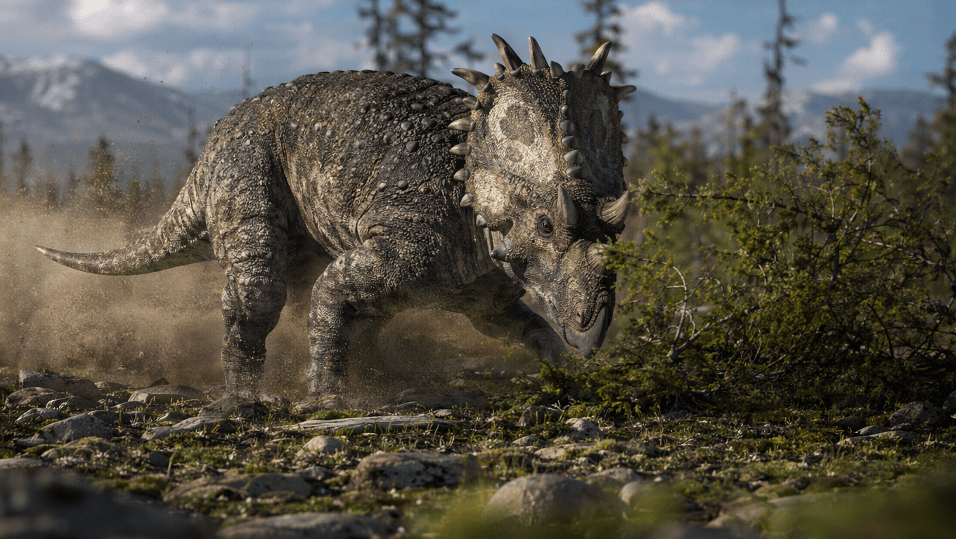 AI-generated Pachyrhinosaurus image: Pachyrhinosaurus Action Scene. Dinosaurs. 73-69 Million Years Ago.
