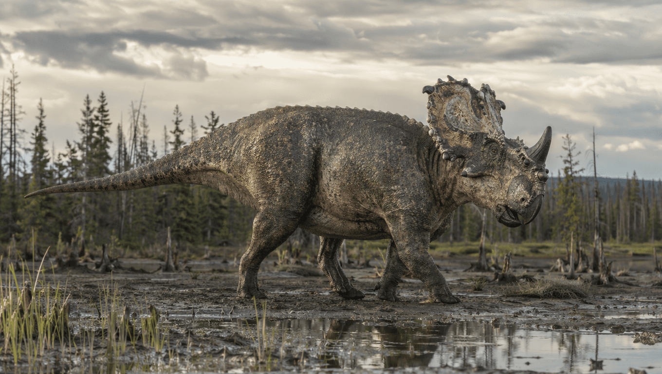 AI-generated Pachyrhinosaurus image: Pachyrhinosaurus reconstruction. Dinosaurs. 73-69 Million Years Ago.