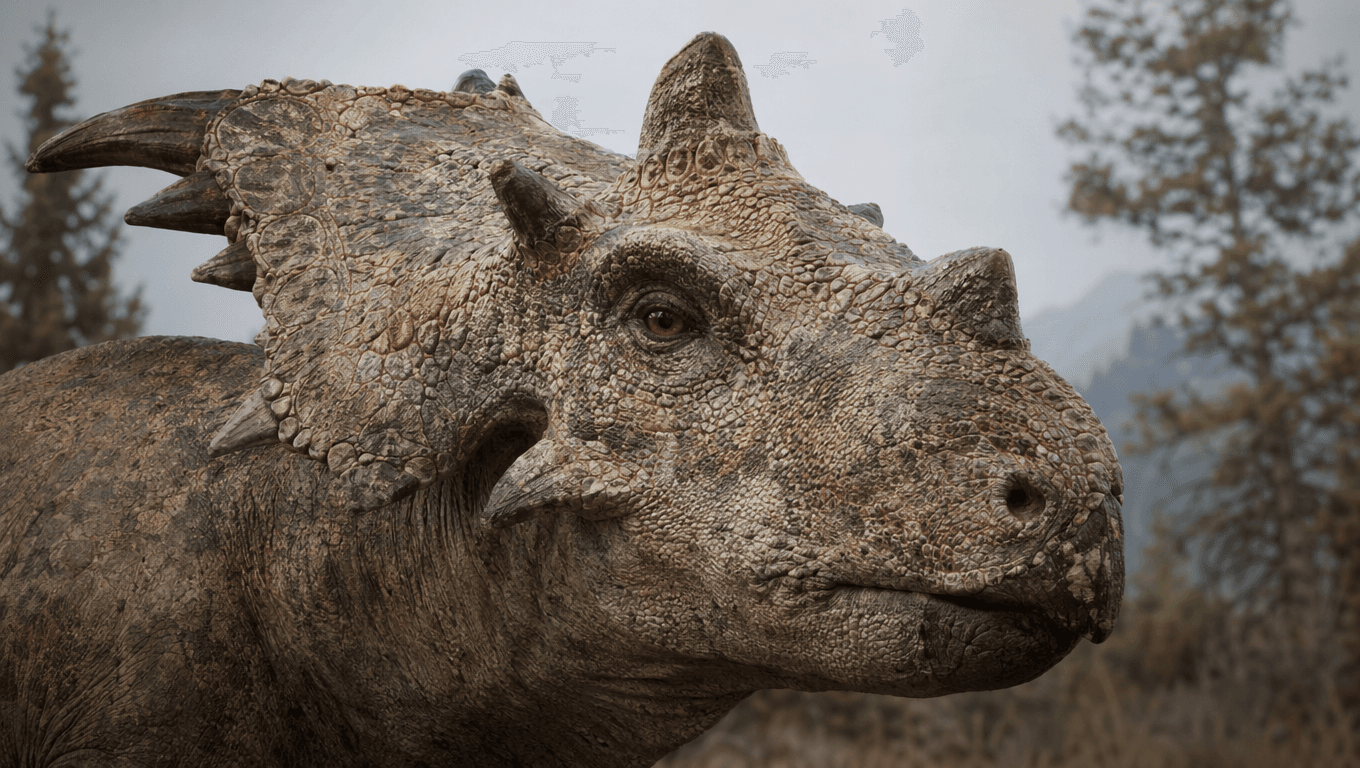 AI-generated Pachyrhinosaurus image: Pachyrhinosaurus Close-up Portrait. Dinosaurs. 73-69 Million Years Ago.