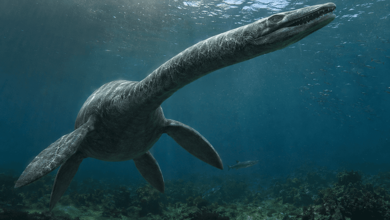 AI-generated Plesiosaurus image: Plesiosaurus in Action. Marine Reptiles. 203-66 Million Years Ago.